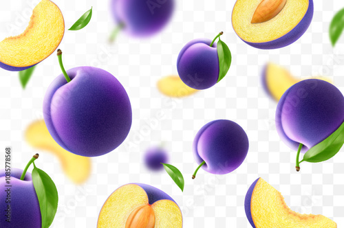 Flying ripe purple plum . Bright advertising background falling juicy sweet plums, realistic illustration with blurred effect. 3d vector design for advertising banners and web page design