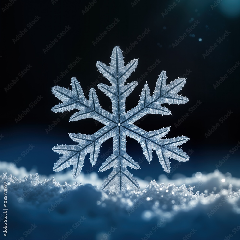 Beautiful frozen snowflake detailed macro view dark background. Ice crystal intricate design on snow. Winter wonderland close-up. Nature artistry. Winter scenery. Beautiful frozen snowflake detailed macro view dark background. Ice crystal intricate design on snow. Winter wonderland close-up. Nature artistry. Winter scenery.