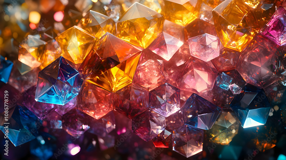 Abstract close-up of colorful gemstones showcasing vibrant facets and reflections in a mesmerizing arrangement. Abstract close-up of colorful gemstones showcasing vibrant facets and reflections in a mesmerizing arrangement.