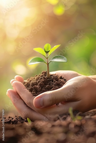 Nurturing New Beginnings: Hands Holding Sapling in Rich Soil for Growth and Care Concepts