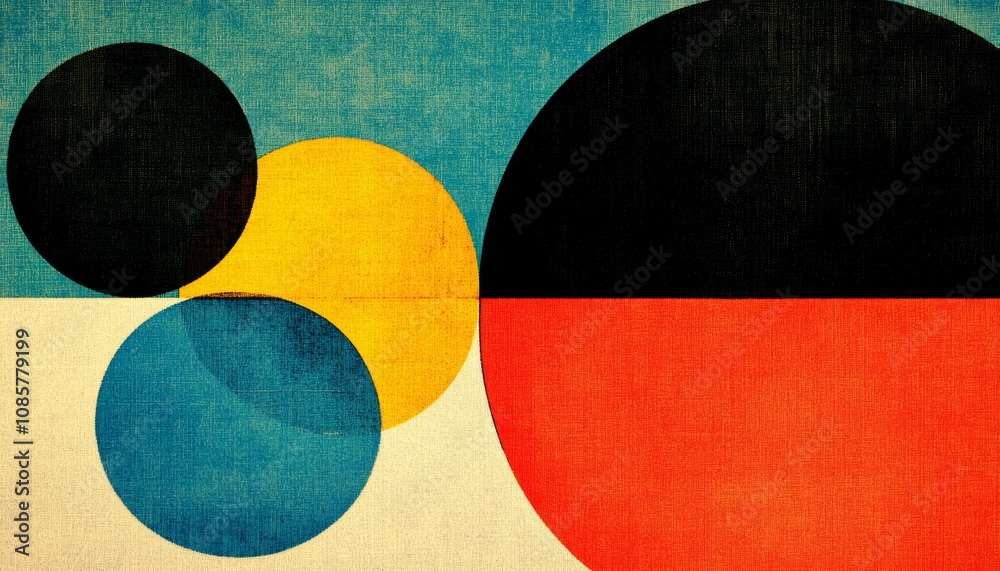 Abstract Canvas Circles Black, Yellow, Blue, Red on a Textured Background Abstract Canvas Circles Black, Yellow, Blue, Red on a Textured Background