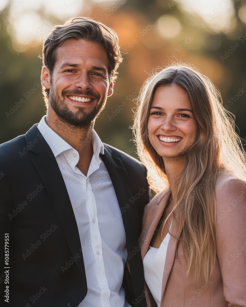 portait of smiling businessman and casual businesswoman outdoors portait of smiling businessman and casual businesswoman outdoors