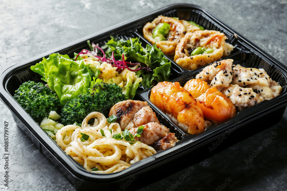 Bento box with noodles, vegetables, and grilled seafood