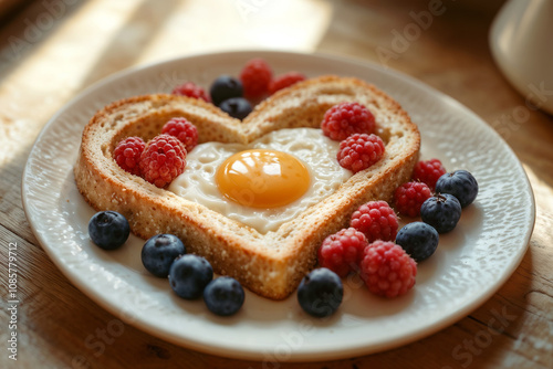 Heart-shaped toast with egg, raspberries, and blueberries