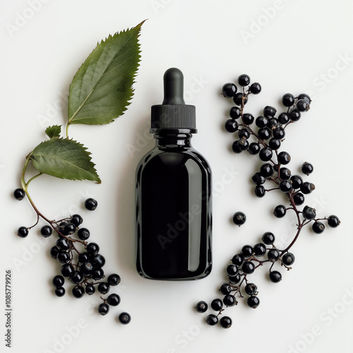 Black dropper bottle with elderberries and green leaves
