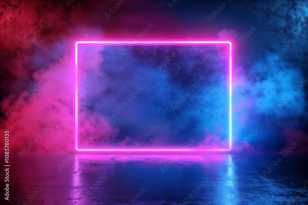 Neon frame with pink and blue foggy background Neon frame with pink and blue foggy background