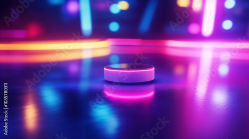 Close-up of glowing air hockey puck on vibrant neon-lit surface