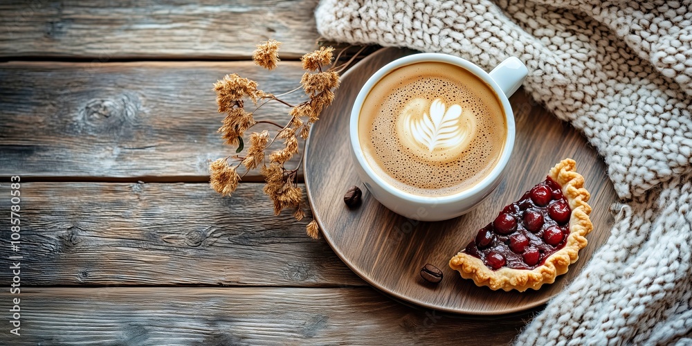 Steaming Cup of Coffee with Latte Art and Slice of Cherry Tart Steaming Cup of Coffee with Latte Art and Slice of Cherry Tart
