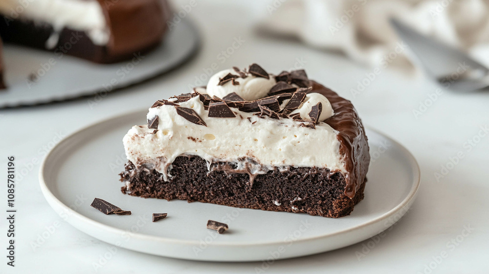 A slice of chocolate cake with cream on a white plate close-up A slice of chocolate cake with cream on a white plate close-up