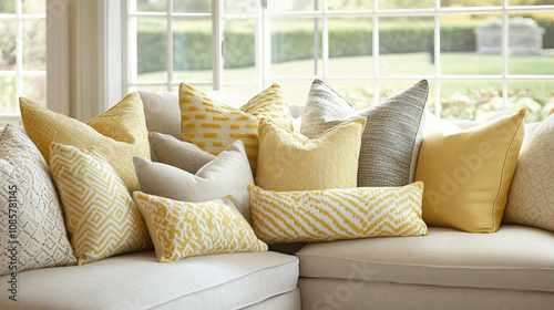 Focus on a couch or sectional with a variety of light yellow accent pillows mixed with other complementary colors like soft beige, off-white, or light grey