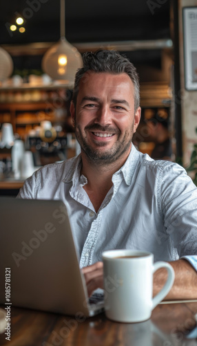 Smiling Entrepreneur Enjoys Coffee and Laptop Work at Cozy Cafe