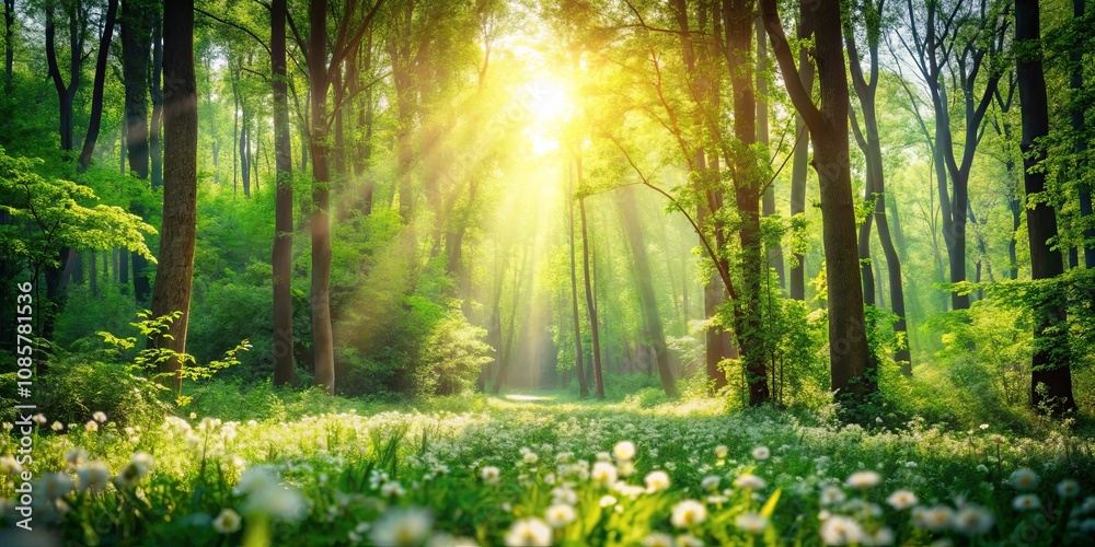 Sunlit Path Through a Lush Spring Forest with Blooming Wildflowers Sunlit Path Through a Lush Spring Forest with Blooming Wildflowers