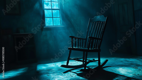 Mysterious rocking chair moving on its own in a dark room with eerie lighting