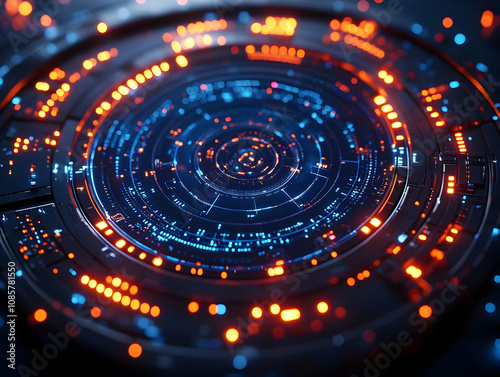 Futuristic digital interface with glowing lights and intricate patterns, representing advanced technology and innovation.