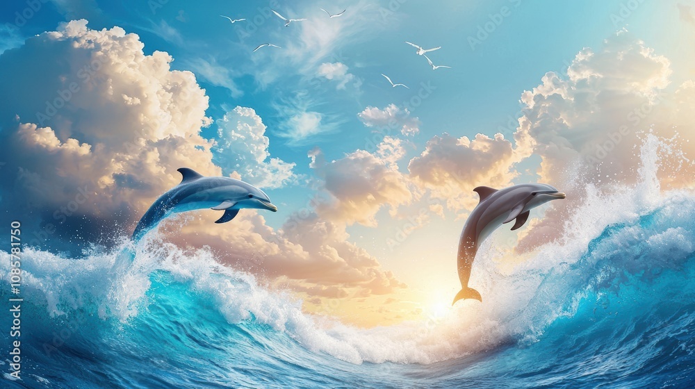 Naklejka premium Animals and Wildlife: A playful group of dolphins leaping out of the ocean waves, capturing the energy and grace of marine life.