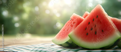 Fresh watermelon slices on a picnic blanket, glistening in the sunlight, perfect for summer refreshment. photo