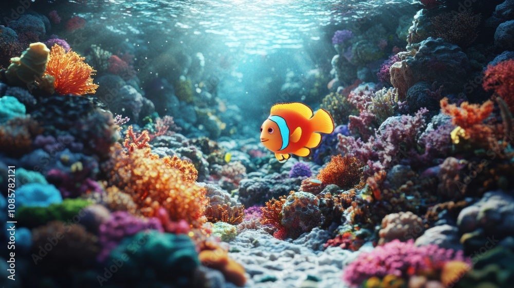 Naklejka premium Clownfish Swimming Through Vibrant Coral Reef