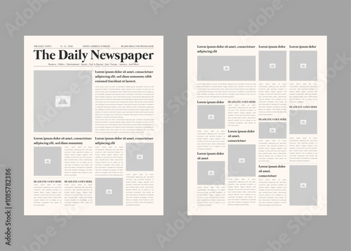 Newspaper design template. The daily newspaper or breaking news with text and picture placeholder editable template.