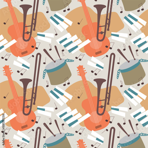 Seamless pattern with guitar, drum and trombone and piano keys, notes in pastel colors. For textiles, wrapping paper, invitations