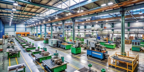 High Angle View of a Modern Factory Floor with Machinery and Equipment, Industrial, Manufacturing, Production