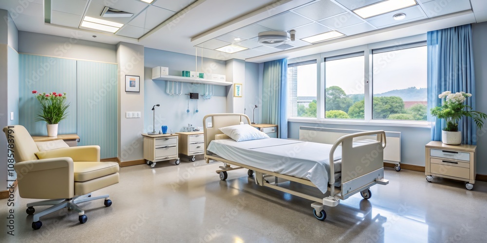 Hospital Room with Bed, Window, and Chair, Composition Wide Shot, Image Interior, Concept Healthcare, Hospital Hospital Room with Bed, Window, and Chair, Composition Wide Shot, Image Interior, Concept Healthcare, Hospital