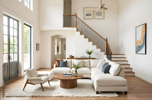 Country house home interior design of modern living room with wooden staircase