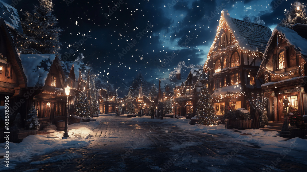 Enchanting Snowy Village at Night
