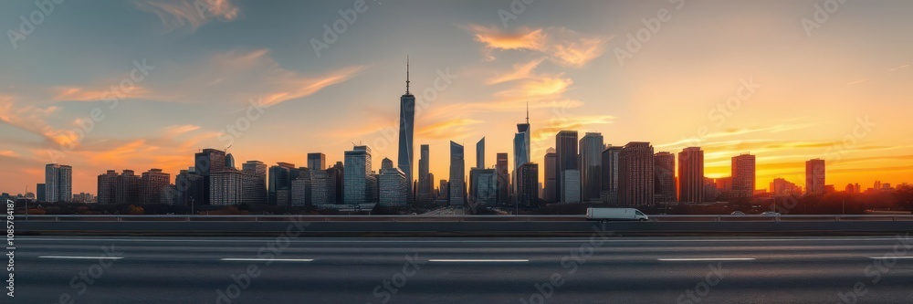 Panoramic city skyline and buildings with empty asphalt road at sunset, downtown, urban scene Panoramic city skyline and buildings with empty asphalt road at sunset, downtown, urban scene
