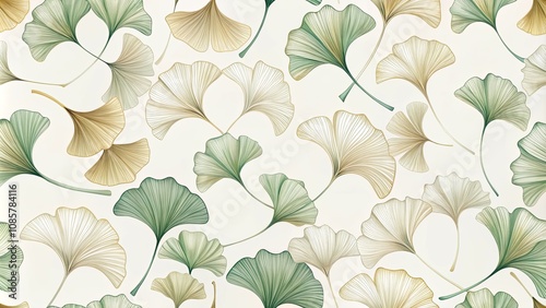 Elegant Ginkgo Biloba Leaf Pattern in Soft Greens and Golds, Ideal for Textile Prints and Home Decor