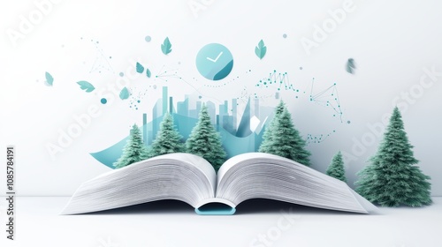 Book Data Visualization: An open book icon with data visualizations depicting global trends and statistics, representing data analysis, research, and information driven decision making. photo