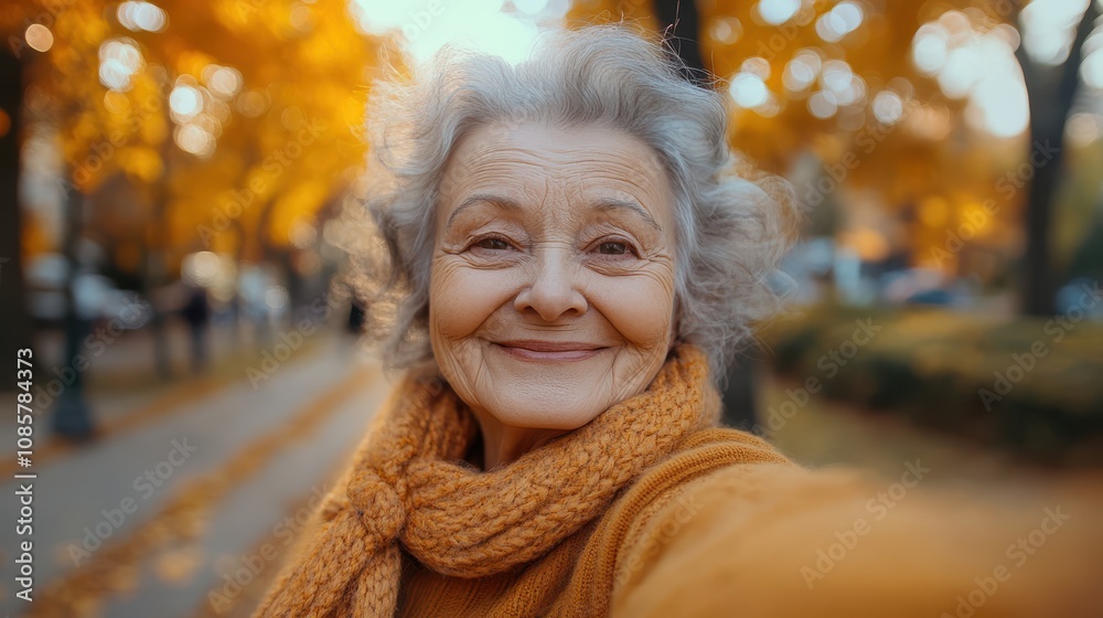 An elderly woman snapping a selfie during a morning walk, with the beauty of nature in the background and a content smile on her face. An elderly woman snapping a selfie during a morning walk, with the beauty of nature in the background and a content smile on her face.
