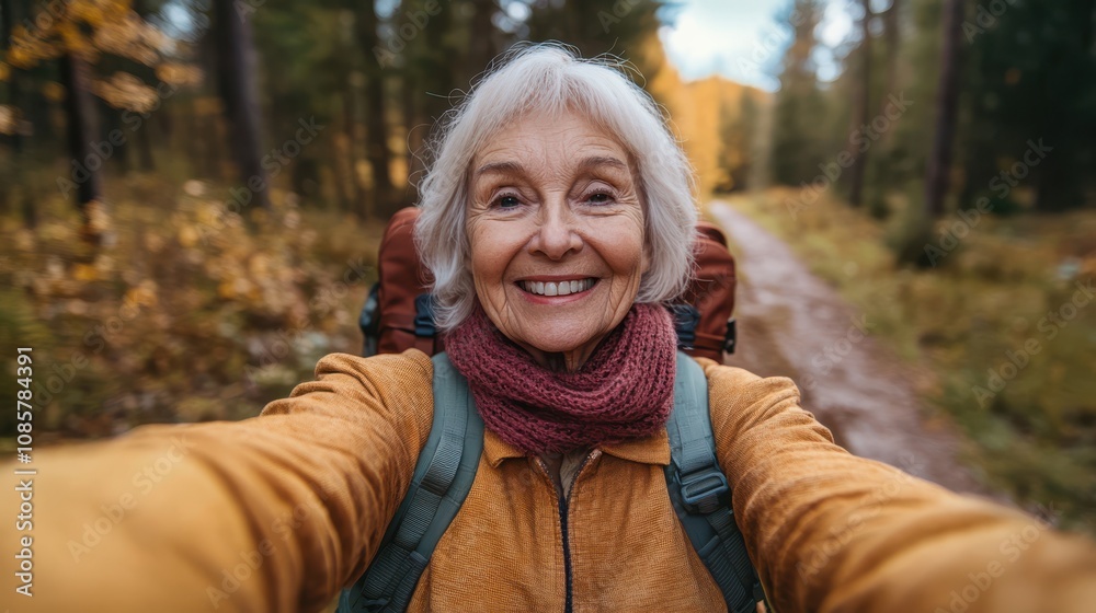 An elderly woman snapping a selfie during a morning walk, with the beauty of nature in the background and a content smile on her face. An elderly woman snapping a selfie during a morning walk, with the beauty of nature in the background and a content smile on her face.