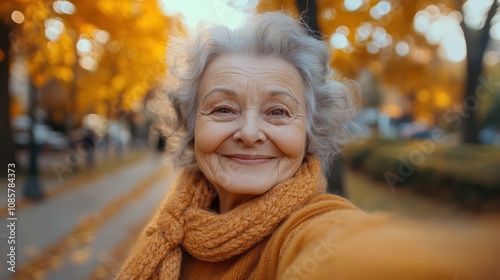 An elderly woman snapping a selfie during a morning walk, with the beauty of nature in the background and a content smile on her face.