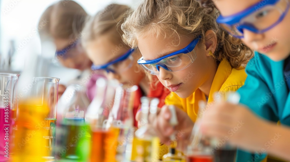Children in a science lab conducting experiments with colorful chemicals Children in a science lab conducting experiments with colorful chemicals