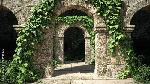 Romantic Harmony of Nature and History - 3D Render of Weathered Stone Archways of Roman Ruins Intertwined with Climbing Ivy in Dramatic Light