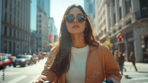 An influencer vlogging while riding an electric scooter down a busy urban street, capturing the city vibe and energy.