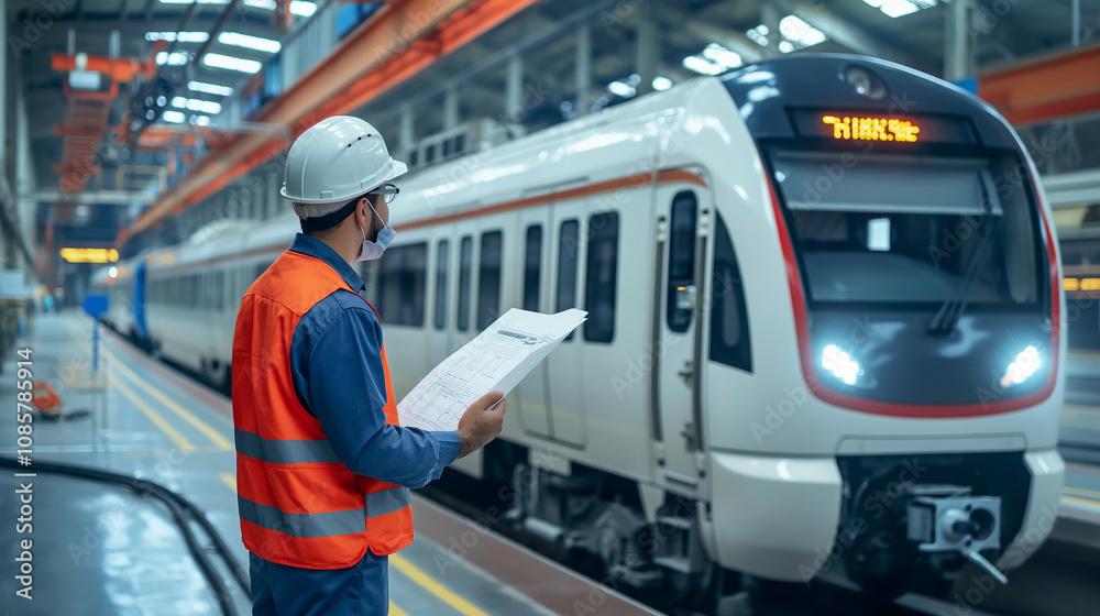 Fototapeta premium Electric train technician engineer with blueprints checking controls system for security functions in maintenance infrastructure plant of sky train
