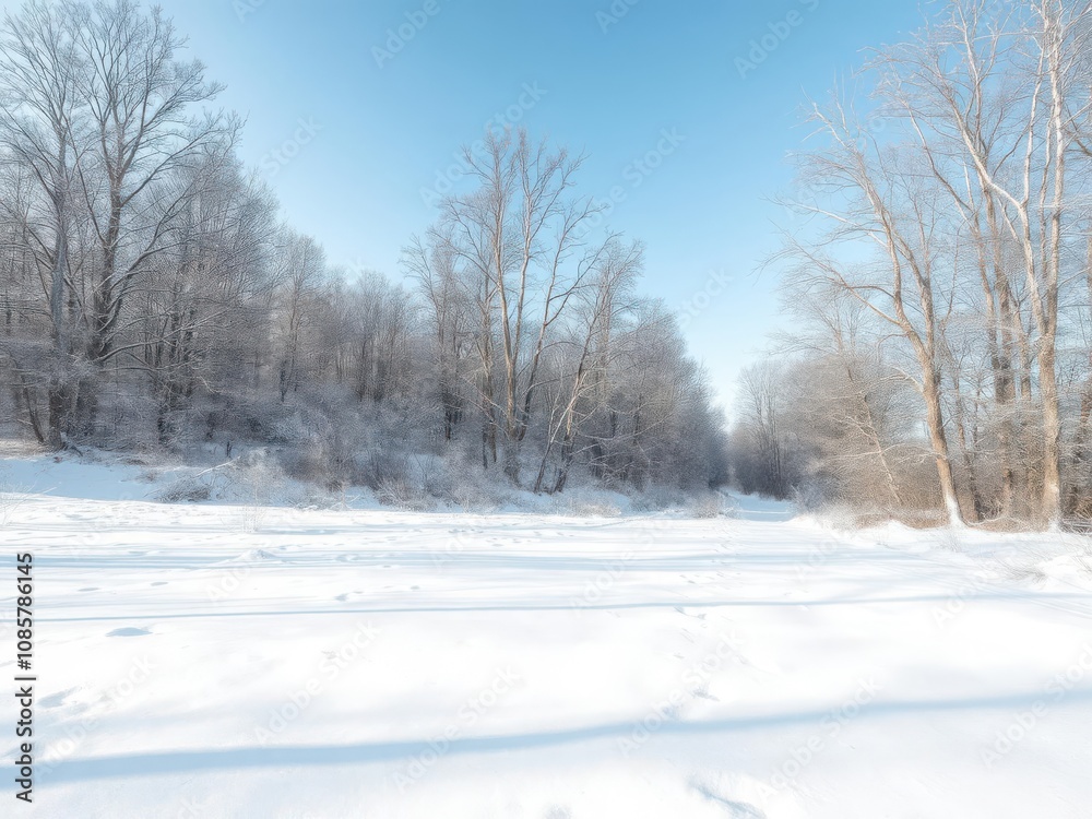 Snow-covered landscape with barren trees and clear blue sky in the background, nature Snow-covered landscape with barren trees and clear blue sky in the background, nature