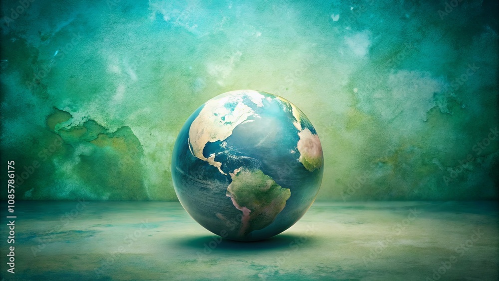 A serene globe rests on a textured, teal surface against a calming green backdrop A serene globe rests on a textured, teal surface against a calming green backdrop