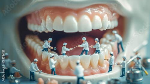 Mouth with bright, white teeth. Inside the mouth, small dentists in white clothing are working on the teeth like craftsmen. Some are polishing the teeth, while others are using tools photo