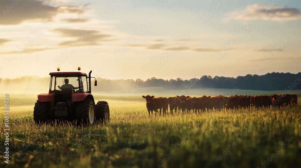 Fototapeta premium Tractor working with cattle in golden fields at sunrise agricultural scene rural environment wide-angle view farming concept
