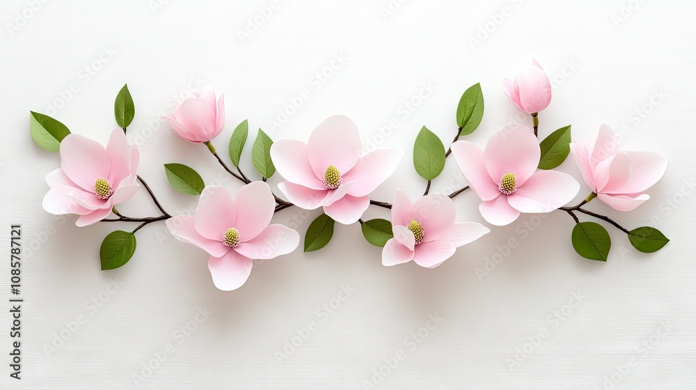 Fototapeta premium Delicate magnolia flowers blooming gracefully against a pristine white background in this artistic representation of nature's beauty