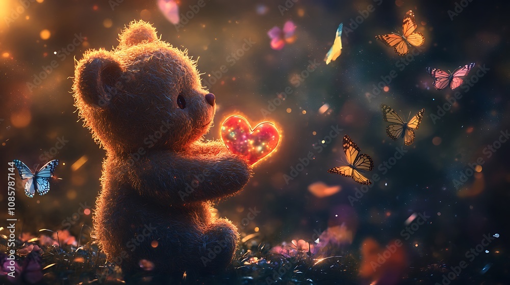 A Plush Bear Holding a Glowing Heart in a Magical Forest A Plush Bear Holding a Glowing Heart in a Magical Forest
