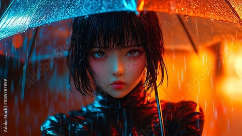 Neon Anime Character Holding Umbrella Defensively in Rain with Dramatic Angle photo