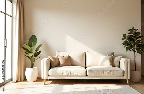 Minimalist interior design of modern living room. Soft sofa near blank mock up beige stucco wall with copy space