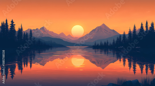 Stunning sunset over a calm lake with mountains and trees reflected in the water, creating a serene and picturesque twilight landscape scene. Halcyon. Illustration