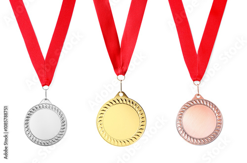 Gold, silver and bronze medals isolated on white photo