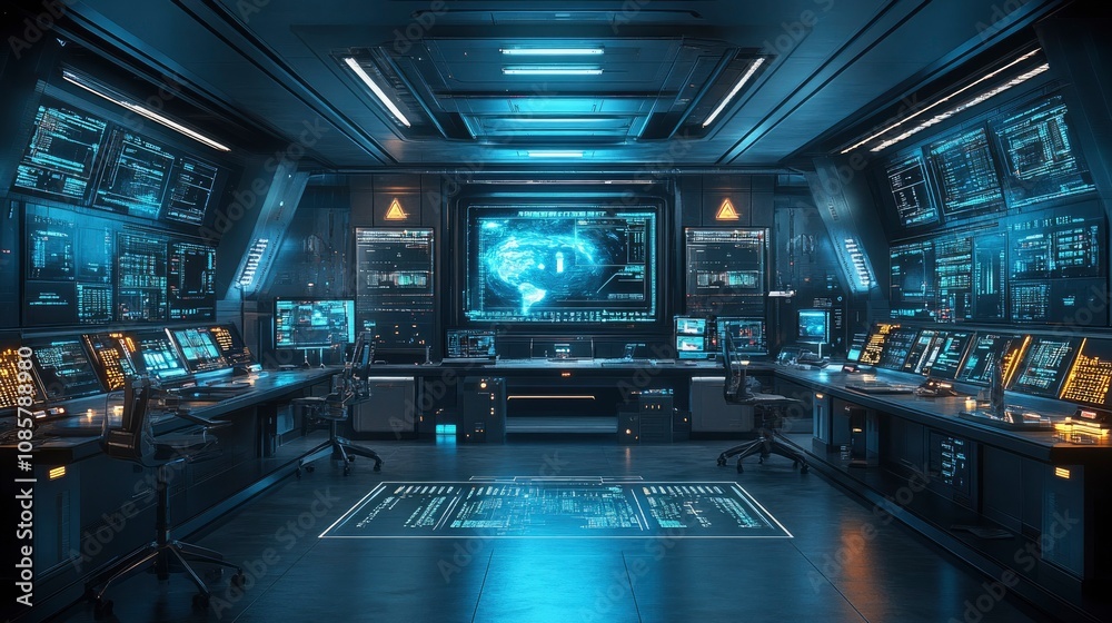 Futuristic laboratory with holographic displays and robot assistants Futuristic laboratory with holographic displays and robot assistants