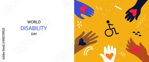 Person in wheelchair. International day of persons with Disabilities. vector banner. Abstract Flat hand drawn drawing illustration for social media