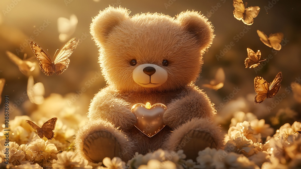 A Teddy Bear Holding a Golden Heart Surrounded by Butterflies and Flowers A Teddy Bear Holding a Golden Heart Surrounded by Butterflies and Flowers